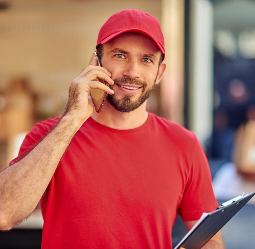 Young cheerful caucasian male courier in red uniform talking on phone